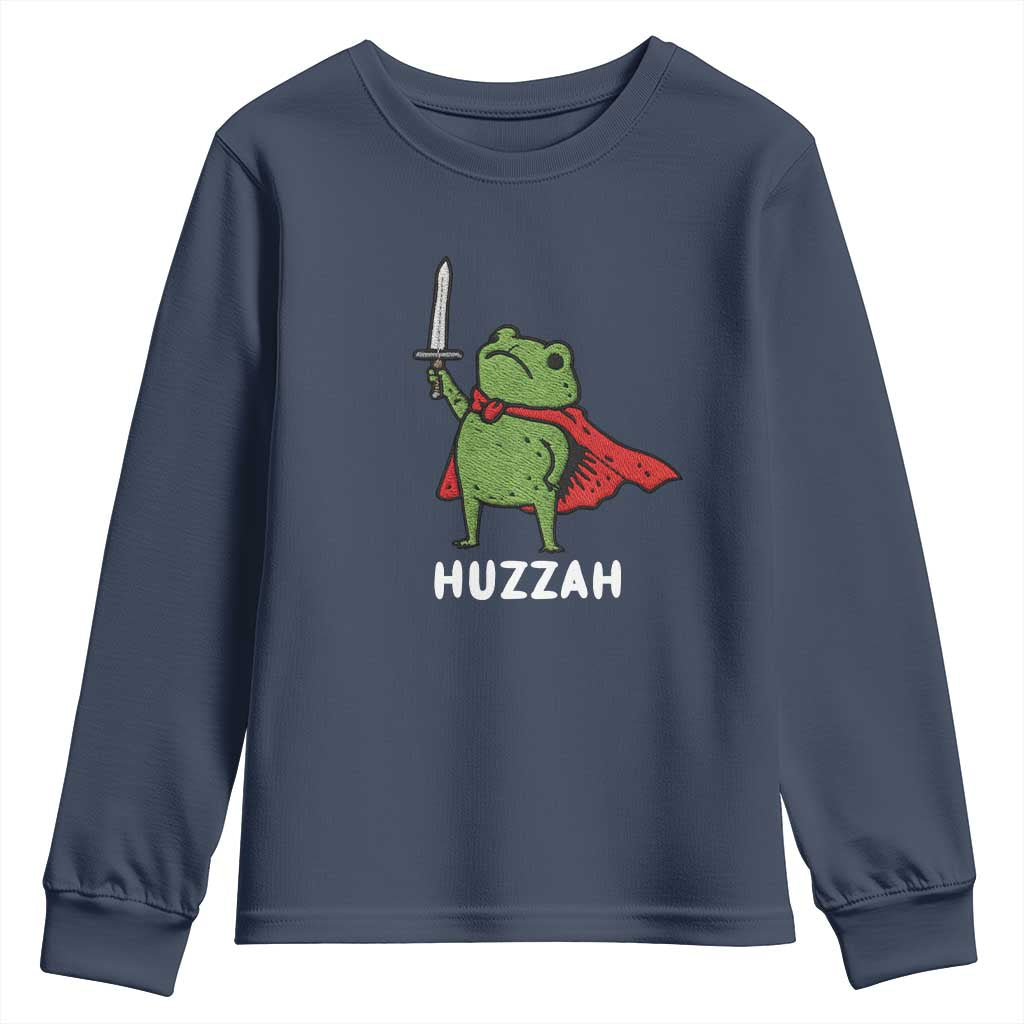 Funny Huzzah Frog Meme Youth Sweatshirt Knight with Sword Whimsical Viral Amphibian Humor TS02 Navy Print Your Wear