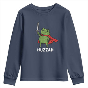 Funny Huzzah Frog Meme Youth Sweatshirt Knight with Sword Whimsical Viral Amphibian Humor TS02 Navy Print Your Wear