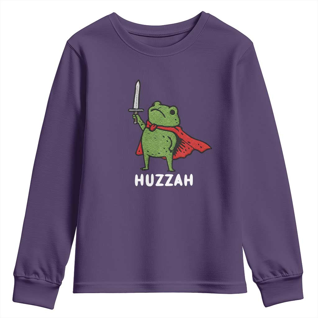 Funny Huzzah Frog Meme Youth Sweatshirt Knight with Sword Whimsical Viral Amphibian Humor TS02 Purple Print Your Wear