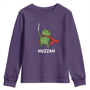 Funny Huzzah Frog Meme Youth Sweatshirt Knight with Sword Whimsical Viral Amphibian Humor TS02 Purple Print Your Wear