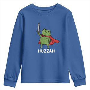 Funny Huzzah Frog Meme Youth Sweatshirt Knight with Sword Whimsical Viral Amphibian Humor TS02 Royal Blue Print Your Wear