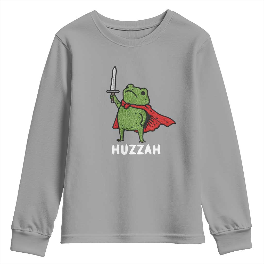 Funny Huzzah Frog Meme Youth Sweatshirt Knight with Sword Whimsical Viral Amphibian Humor TS02 Sport Gray Print Your Wear