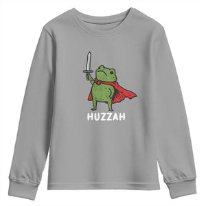 Funny Huzzah Frog Meme Youth Sweatshirt Knight with Sword Whimsical Viral Amphibian Humor TS02 Sport Gray Print Your Wear