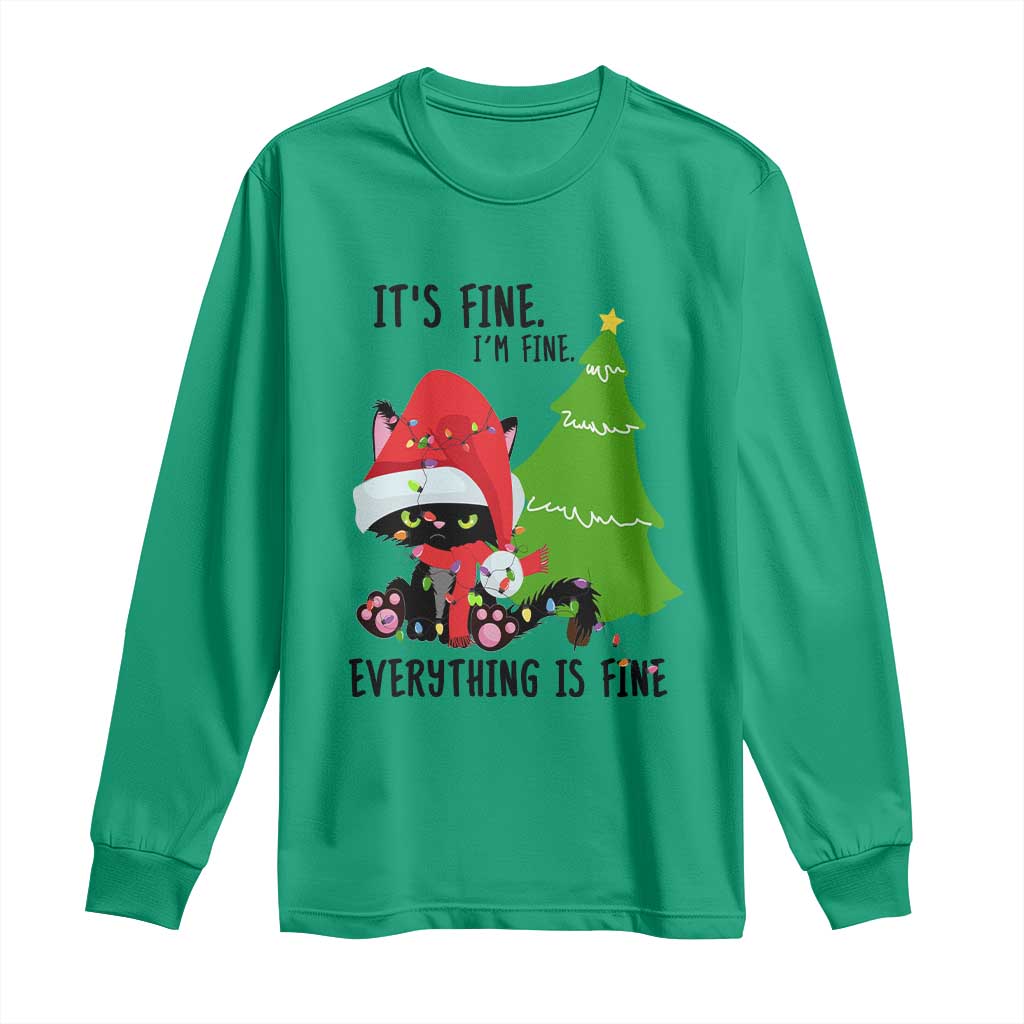 Black Cat Christmas Long Sleeve Shirt It's Fine I'm Fine Everything Is Fine TS02 Irish Green Print Your Wear