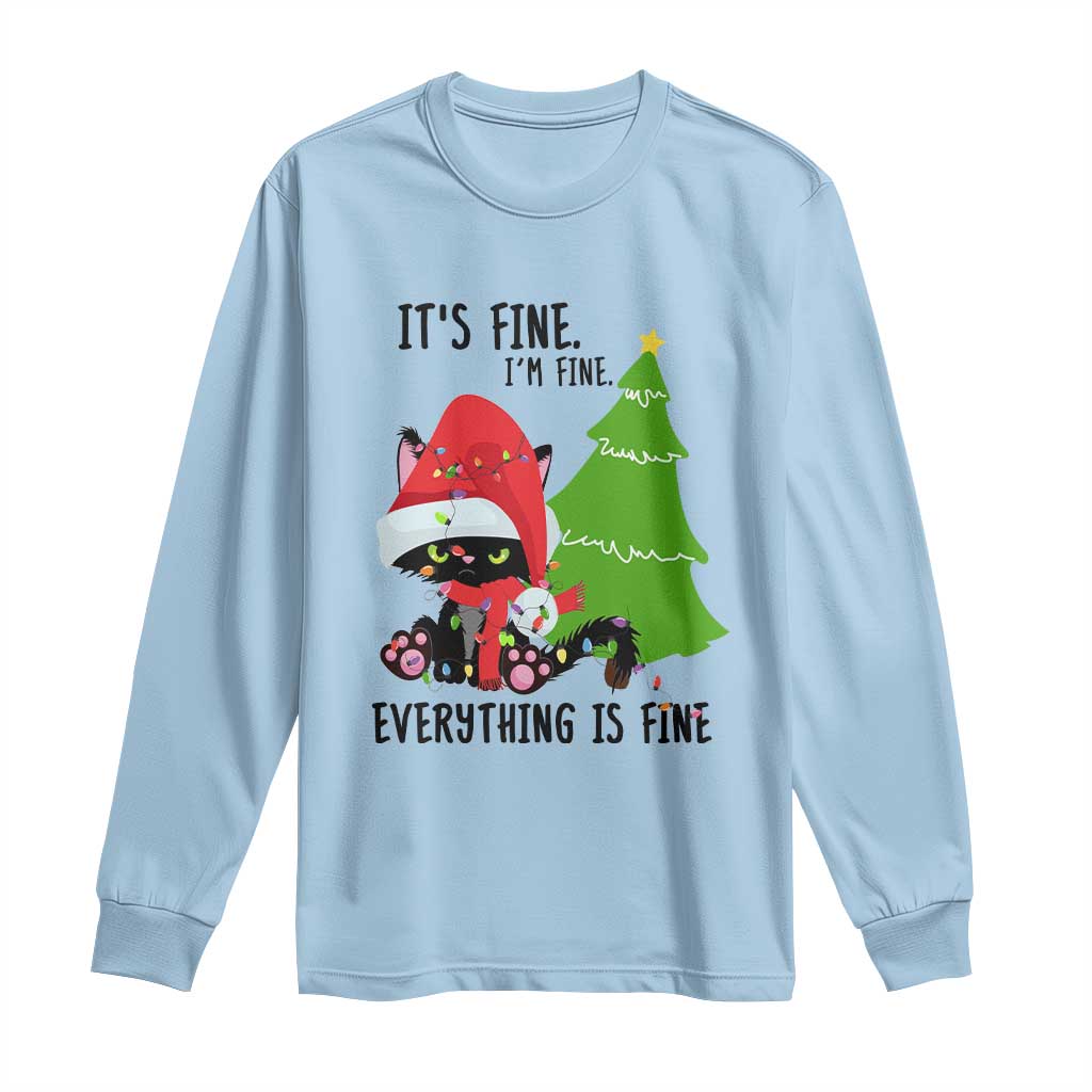 Black Cat Christmas Long Sleeve Shirt It's Fine I'm Fine Everything Is Fine TS02 Light Blue Print Your Wear