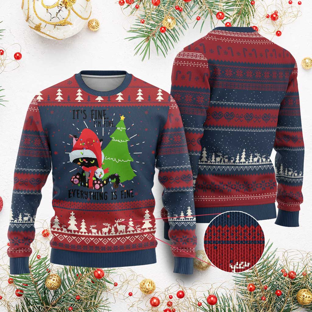 Black Cat Christmas Ugly Christmas Sweater It's Fine I'm Fine Everything Is Fine TS02 Burgundy Print Your Wear