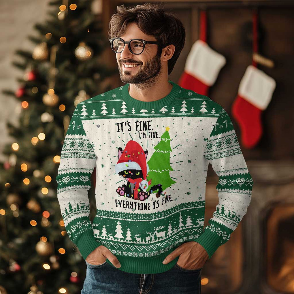 Black Cat Christmas Ugly Christmas Sweater It's Fine I'm Fine Everything Is Fine TS02 Green Print Your Wear