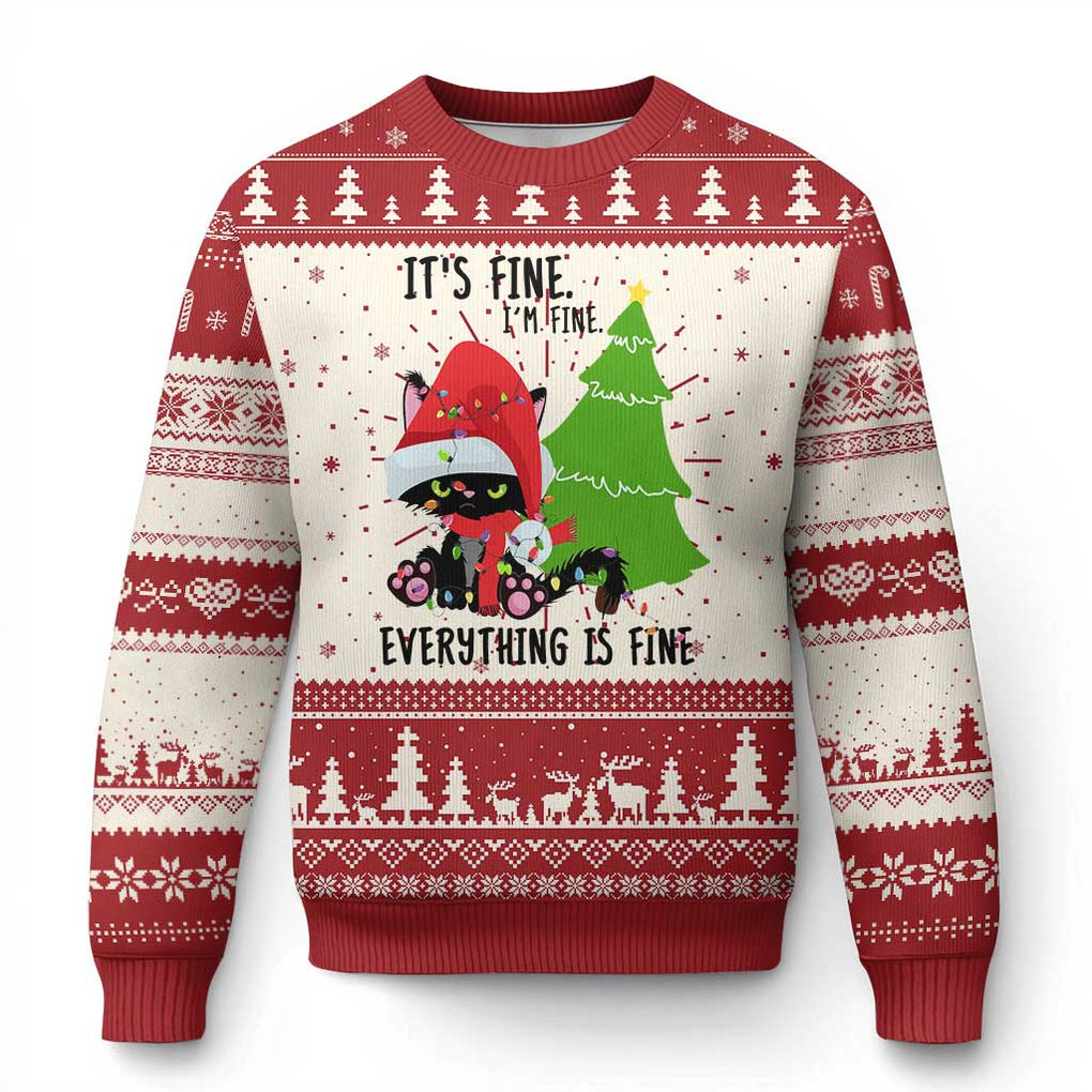 Black Cat Christmas Ugly Christmas Sweater It's Fine I'm Fine Everything Is Fine TS02 Red Print Your Wear