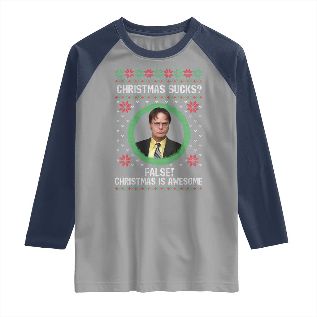 Christmas Sucks FALSE Christmas Is Awesome Raglan Shirt Funny Xmas Office Holiday Humor TS02 Sport Gray Navy Print Your Wear