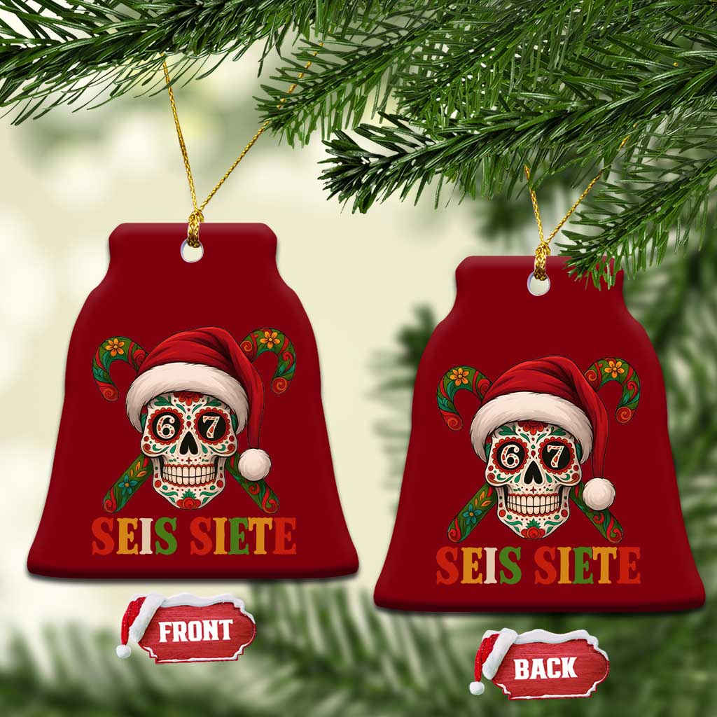 Seis Siete Christmas Meme Ceramic Ornament Sugar Skull 67 Santa Hat Candy Canes TS02 Print Your Wear