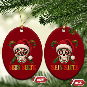 Seis Siete Christmas Meme Ceramic Ornament Sugar Skull 67 Santa Hat Candy Canes TS02 Print Your Wear