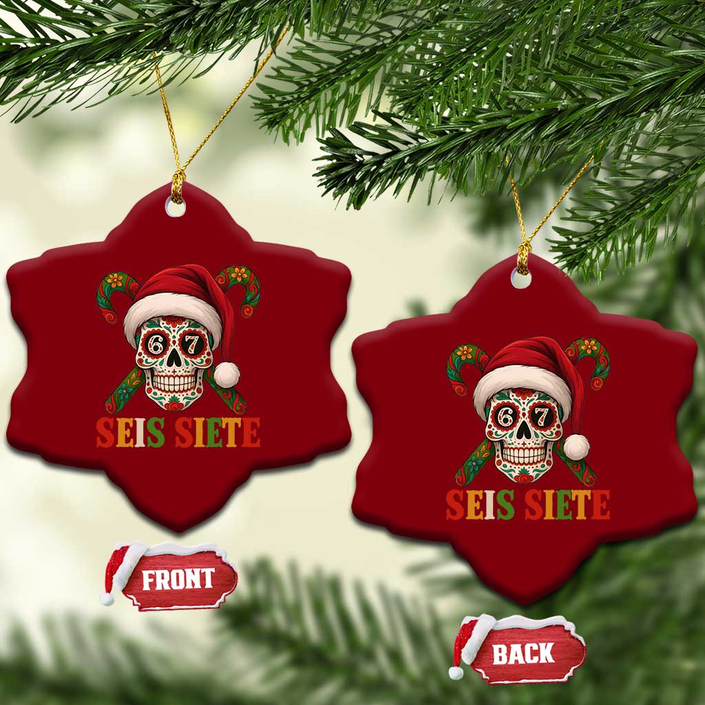 Seis Siete Christmas Meme Ceramic Ornament Sugar Skull 67 Santa Hat Candy Canes TS02 Print Your Wear