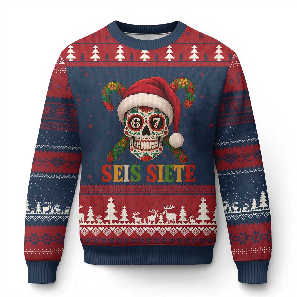 Seis Siete Xmas Meme Ugly Christmas Sweater Sugar Skull 67 Santa Hat Candy Canes TS02 Navy Red Print Your Wear