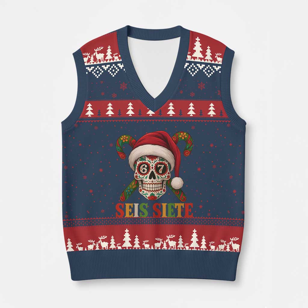 Seis Siete Xmas Meme V-Neck Knit Sweater Vest Sugar Skull 67 Santa Hat Candy Canes TS02 Navy Red Print Your Wear
