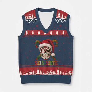 Seis Siete Xmas Meme V-Neck Knit Sweater Vest Sugar Skull 67 Santa Hat Candy Canes TS02 Navy Red Print Your Wear