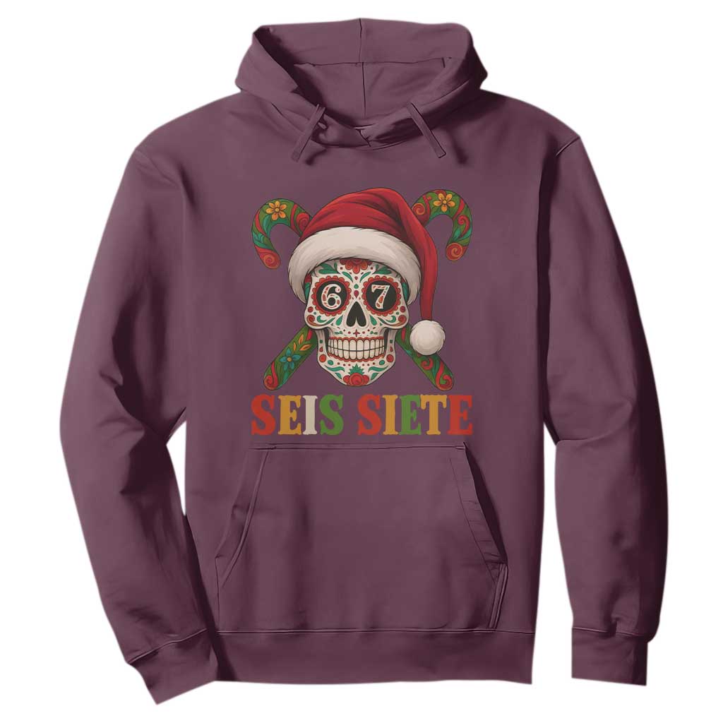 Seis Siete Christmas Meme Hoodie Sugar Skull 67 Santa Hat Candy Canes TS02 Maroon Print Your Wear