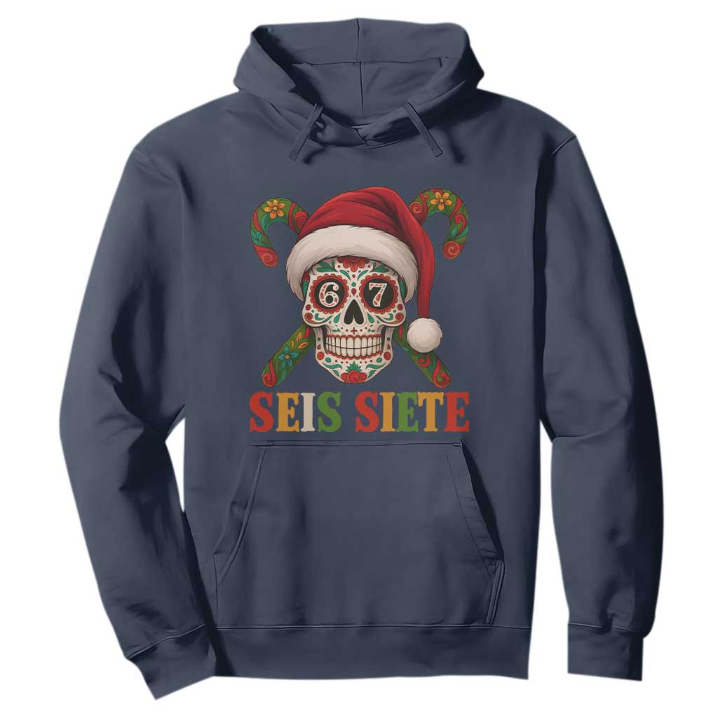 Seis Siete Christmas Meme Hoodie Sugar Skull 67 Santa Hat Candy Canes TS02 Navy Print Your Wear