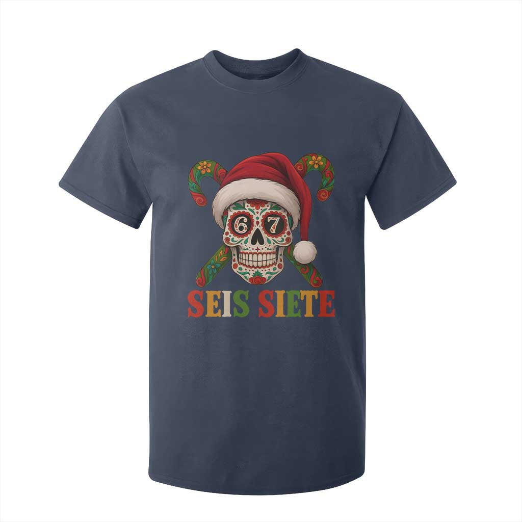 Seis Siete Christmas Meme T Shirt For Kid Sugar Skull 67 Santa Hat Candy Canes TS02 Navy Print Your Wear