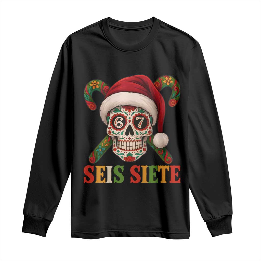Seis Siete Christmas Meme Long Sleeve Shirt Sugar Skull 67 Santa Hat Candy Canes - Print Your Wear