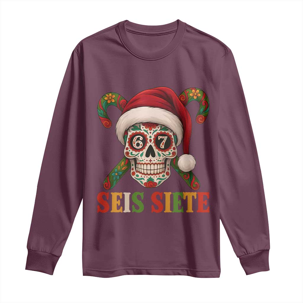 Seis Siete Christmas Meme Long Sleeve Shirt Sugar Skull 67 Santa Hat Candy Canes TS02 Maroon Print Your Wear