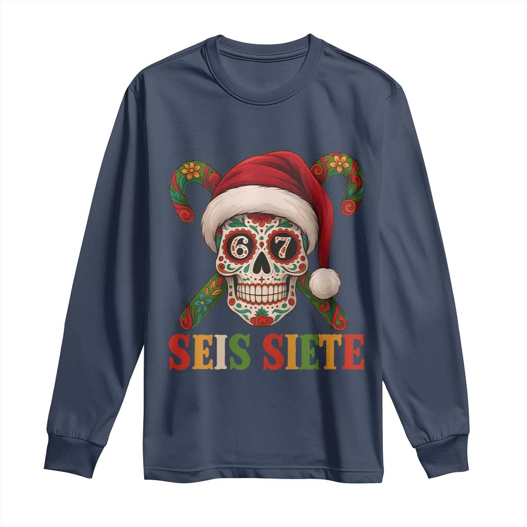 Seis Siete Christmas Meme Long Sleeve Shirt Sugar Skull 67 Santa Hat Candy Canes TS02 Navy Print Your Wear