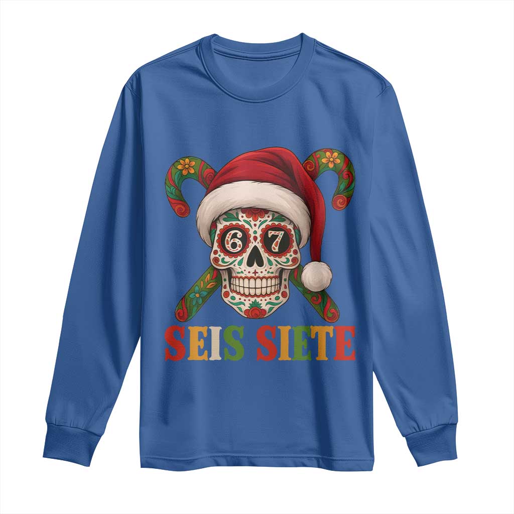 Seis Siete Christmas Meme Long Sleeve Shirt Sugar Skull 67 Santa Hat Candy Canes TS02 Royal Blue Print Your Wear