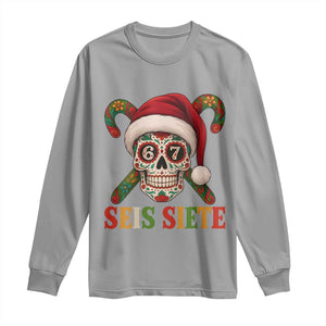 Seis Siete Christmas Meme Long Sleeve Shirt Sugar Skull 67 Santa Hat Candy Canes TS02 Sport Gray Print Your Wear