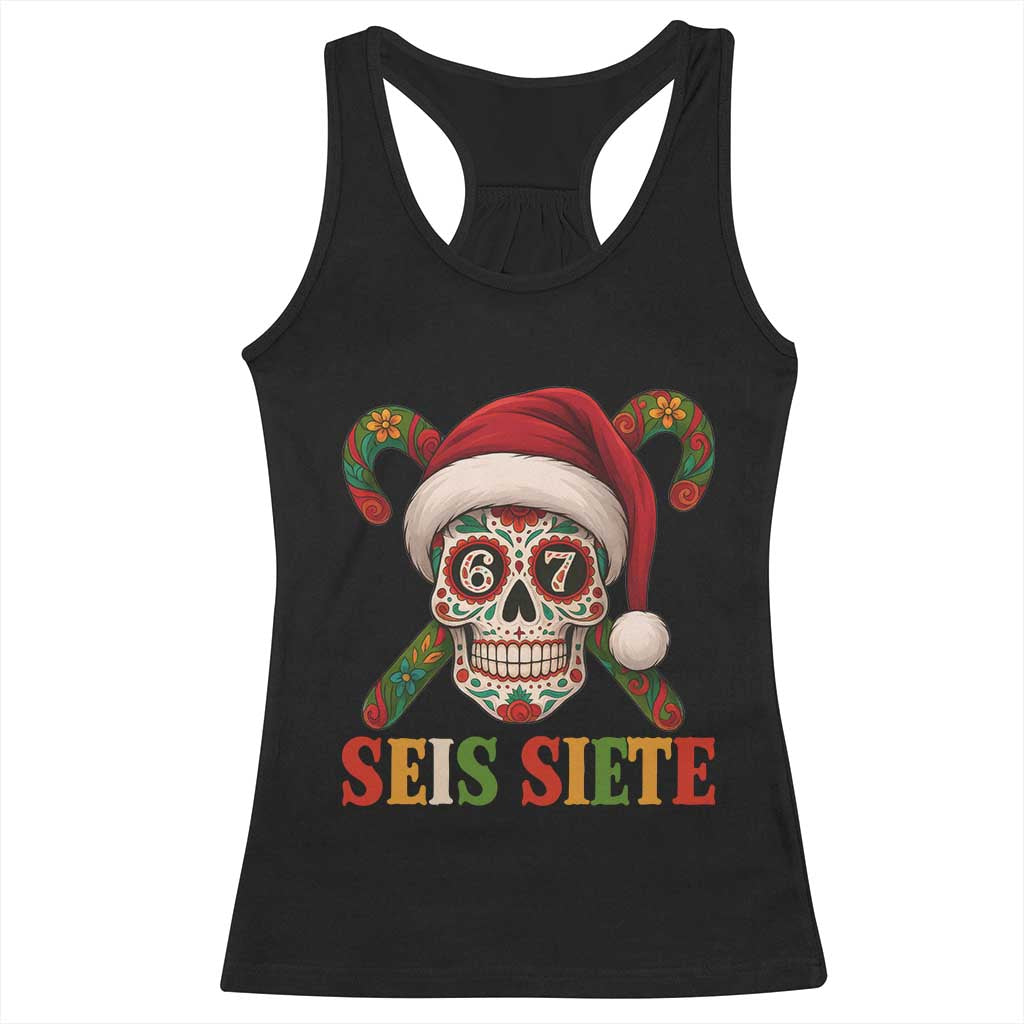 Seis Siete Christmas Meme Racerback Tank Top Sugar Skull 67 Santa Hat Candy Canes TS02 Black Print Your Wear