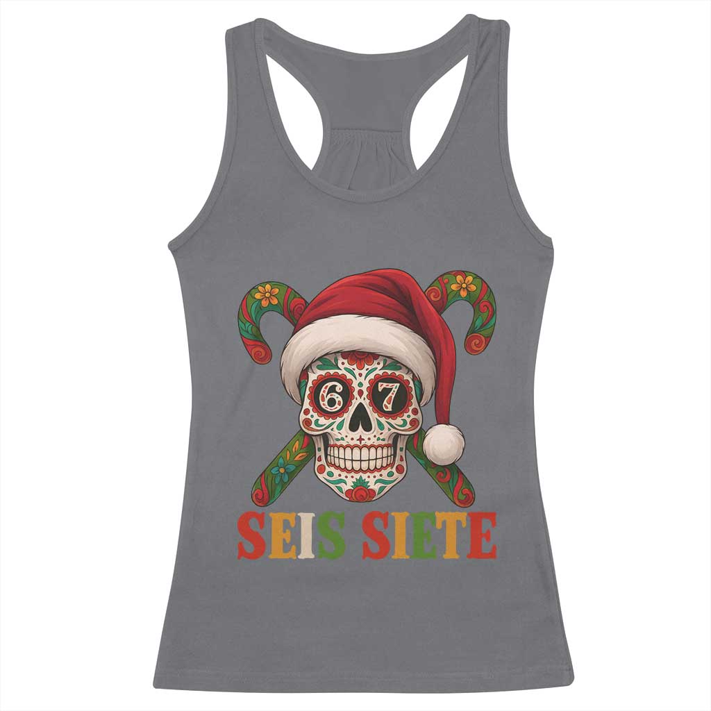 Seis Siete Christmas Meme Racerback Tank Top Sugar Skull 67 Santa Hat Candy Canes TS02 Charcoal Print Your Wear