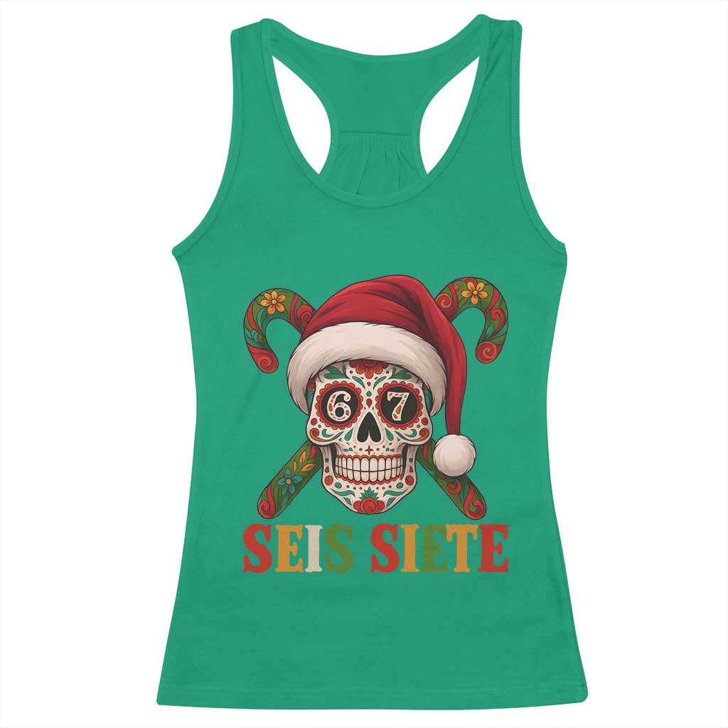 Seis Siete Christmas Meme Racerback Tank Top Sugar Skull 67 Santa Hat Candy Canes TS02 Irish Green Print Your Wear
