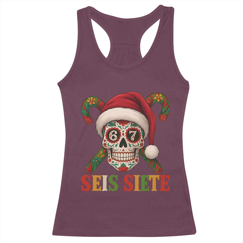 Seis Siete Christmas Meme Racerback Tank Top Sugar Skull 67 Santa Hat Candy Canes TS02 Maroon Print Your Wear
