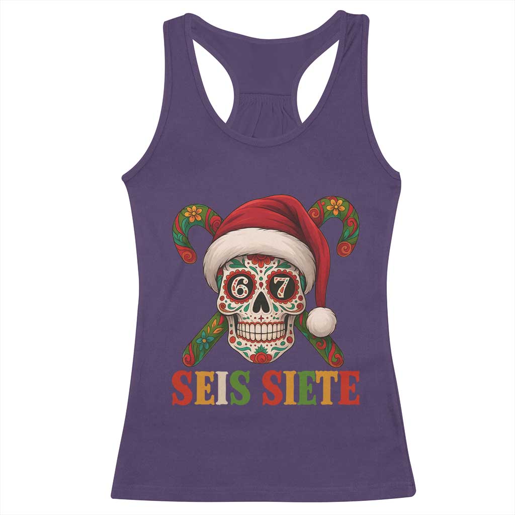 Seis Siete Christmas Meme Racerback Tank Top Sugar Skull 67 Santa Hat Candy Canes TS02 Purple Print Your Wear