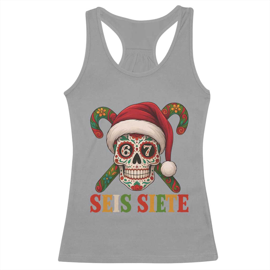 Seis Siete Christmas Meme Racerback Tank Top Sugar Skull 67 Santa Hat Candy Canes TS02 Sport Gray Print Your Wear