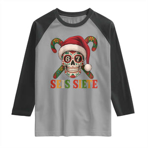Seis Siete Christmas Meme Raglan Shirt Sugar Skull 67 Santa Hat Candy Canes TS02 Sport Gray Black Print Your Wear