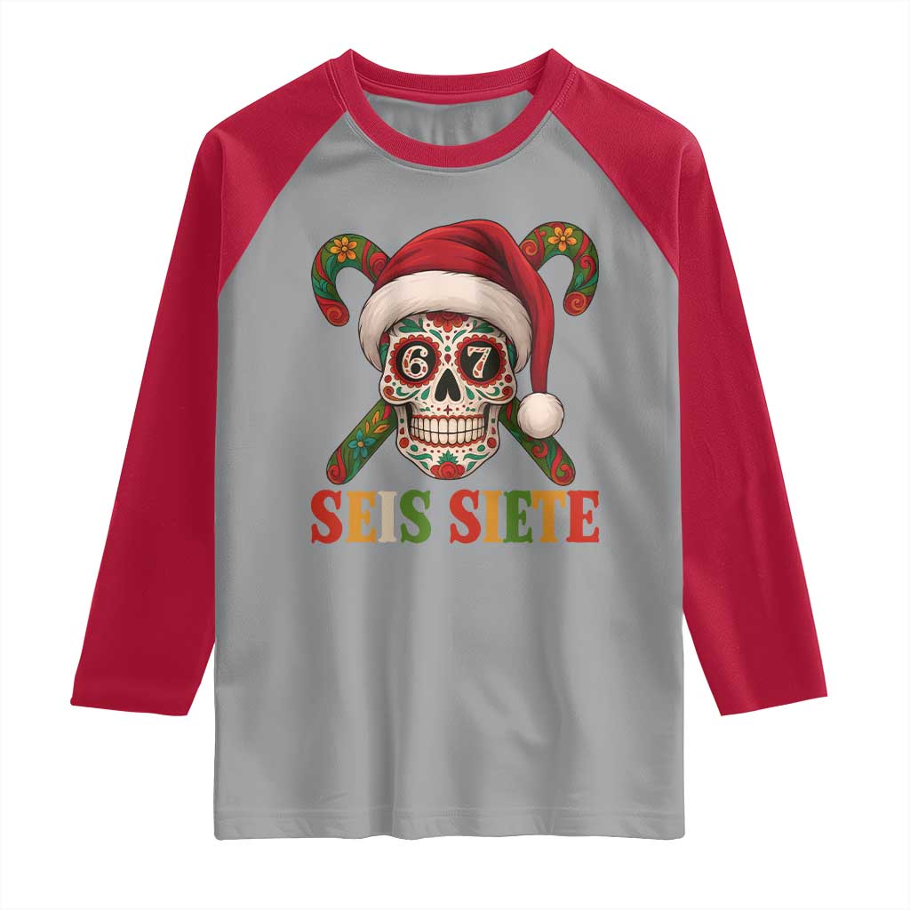 Seis Siete Christmas Meme Raglan Shirt Sugar Skull 67 Santa Hat Candy Canes TS02 Sport Gray Red Print Your Wear