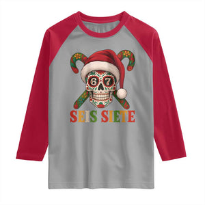 Seis Siete Christmas Meme Raglan Shirt Sugar Skull 67 Santa Hat Candy Canes TS02 Sport Gray Red Print Your Wear