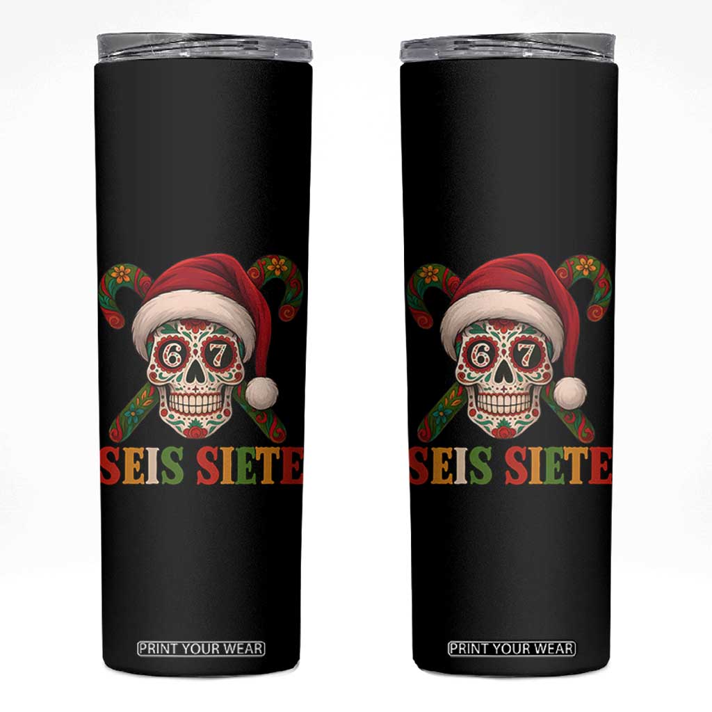 Seis Siete Christmas Meme Skinny Tumbler Sugar Skull 67 Santa Hat Candy Canes TS02 Black Print Your Wear