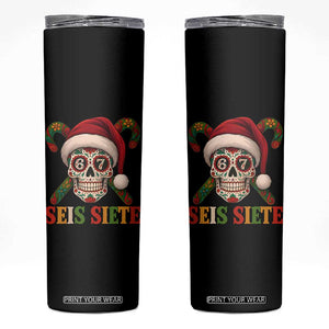 Seis Siete Christmas Meme Skinny Tumbler Sugar Skull 67 Santa Hat Candy Canes TS02 Black Print Your Wear