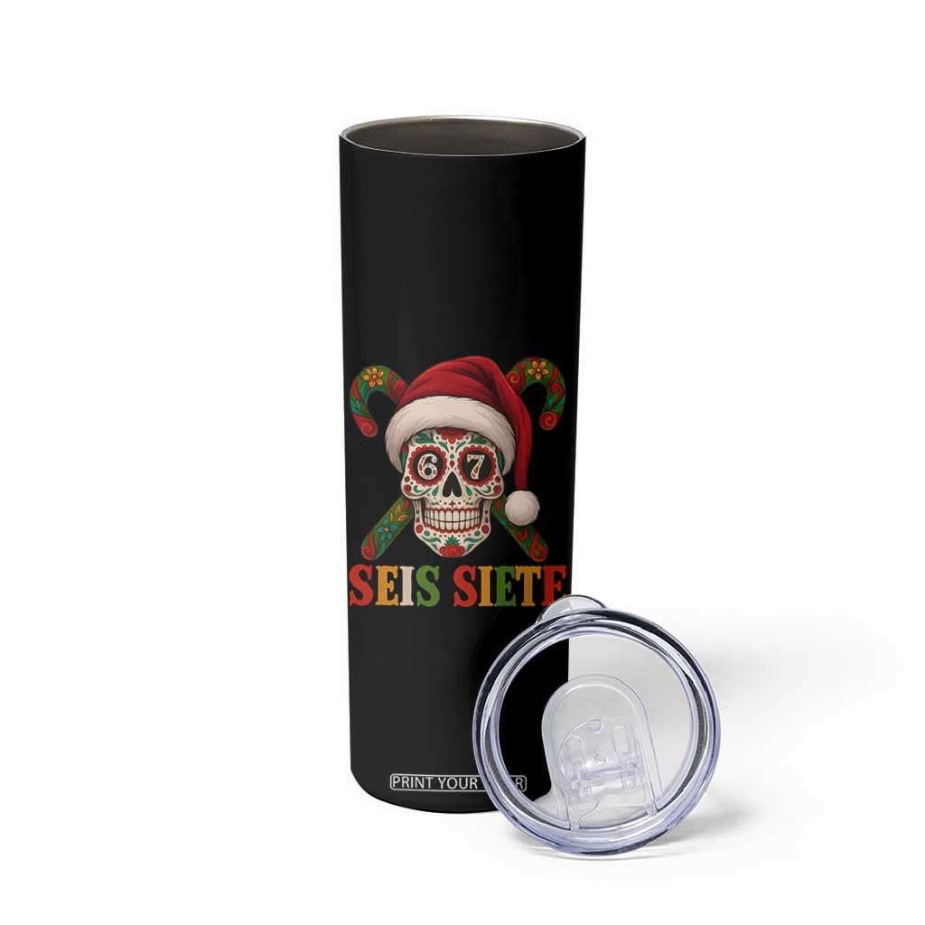 Seis Siete Christmas Meme Skinny Tumbler Sugar Skull 67 Santa Hat Candy Canes TS02 Print Your Wear