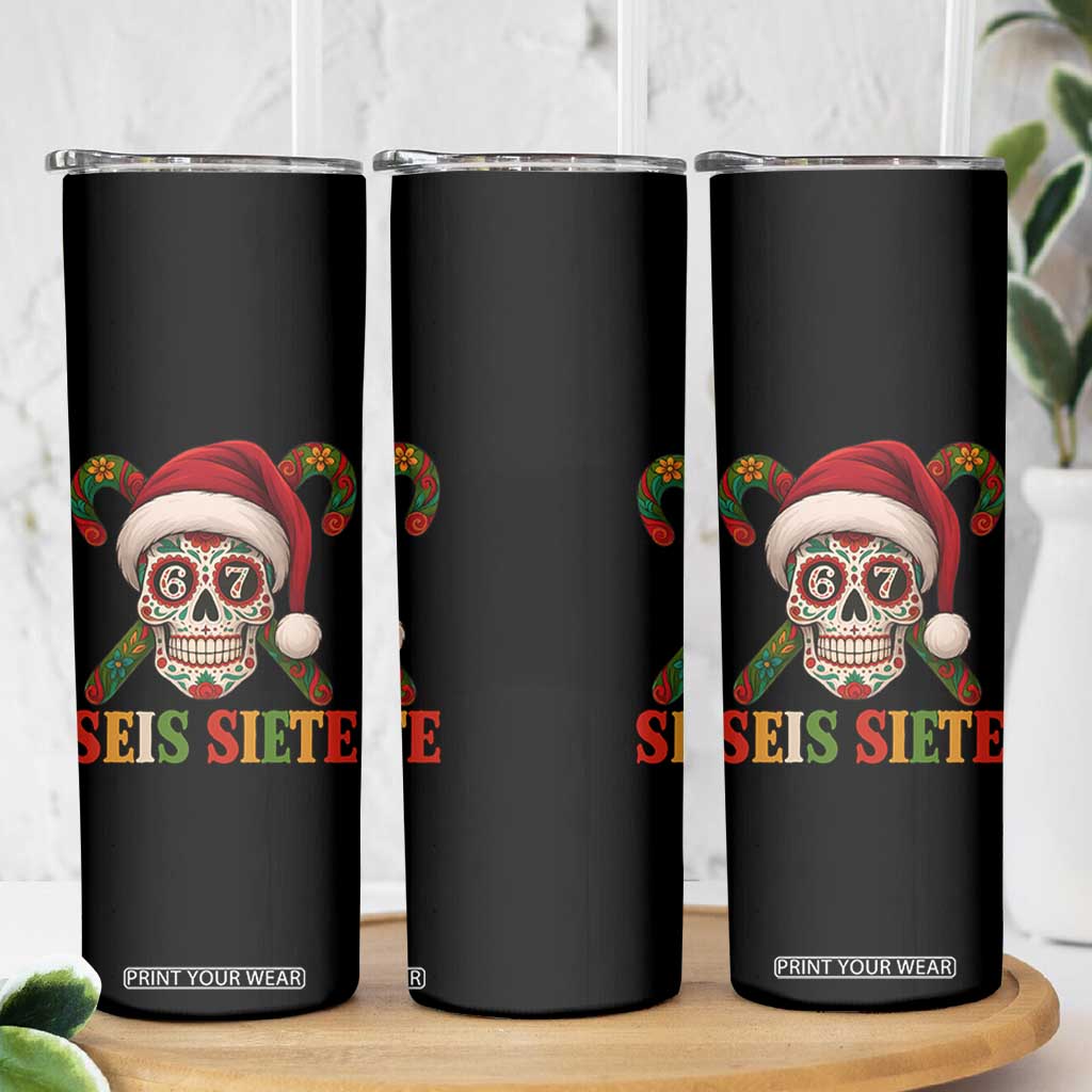 Seis Siete Christmas Meme Skinny Tumbler Sugar Skull 67 Santa Hat Candy Canes TS02 Print Your Wear