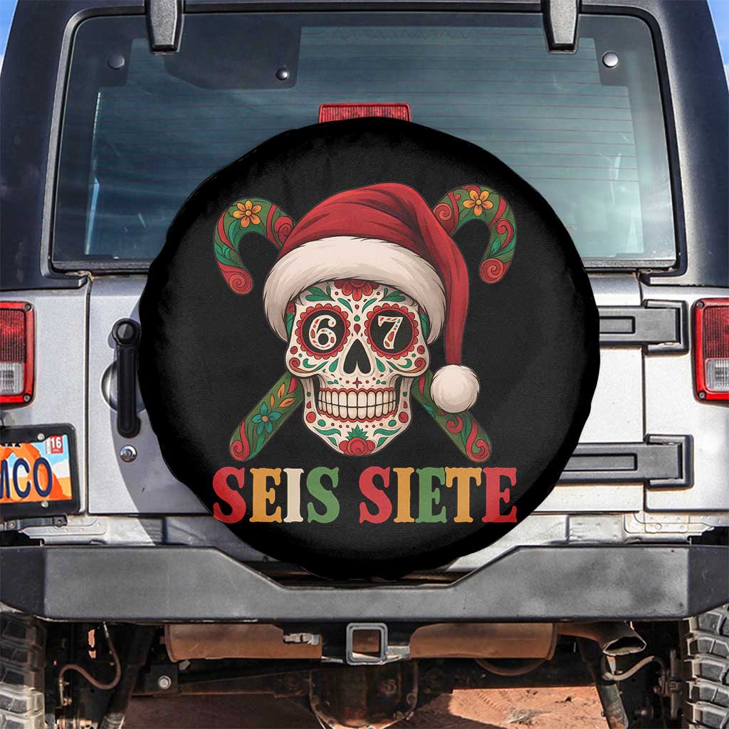 Seis Siete Christmas Meme Spare Tire Cover Sugar Skull 67 Santa Hat Candy Canes TS02 No hole Black Print Your Wear