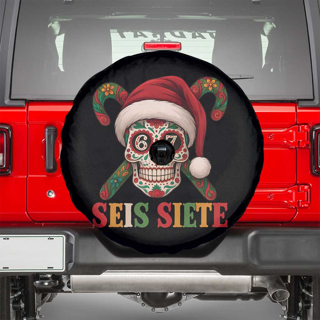 Seis Siete Christmas Meme Spare Tire Cover Sugar Skull 67 Santa Hat Candy Canes TS02 Black Print Your Wear