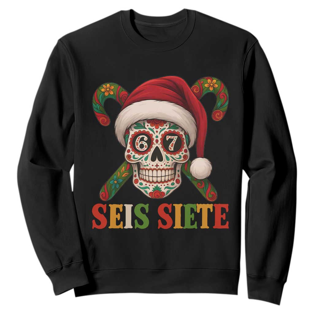 Seis Siete Christmas Meme Sweatshirt Sugar Skull 67 Santa Hat Candy Canes - Print Your Wear