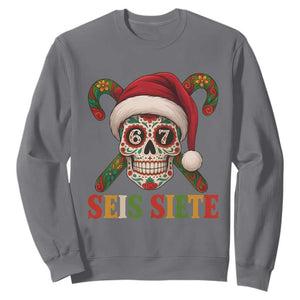 Seis Siete Christmas Meme Sweatshirt Sugar Skull 67 Santa Hat Candy Canes TS02 Charcoal Print Your Wear
