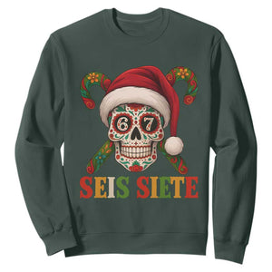 Seis Siete Christmas Meme Sweatshirt Sugar Skull 67 Santa Hat Candy Canes TS02 Dark Forest Green Print Your Wear