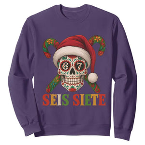 Seis Siete Christmas Meme Sweatshirt Sugar Skull 67 Santa Hat Candy Canes TS02 Purple Print Your Wear