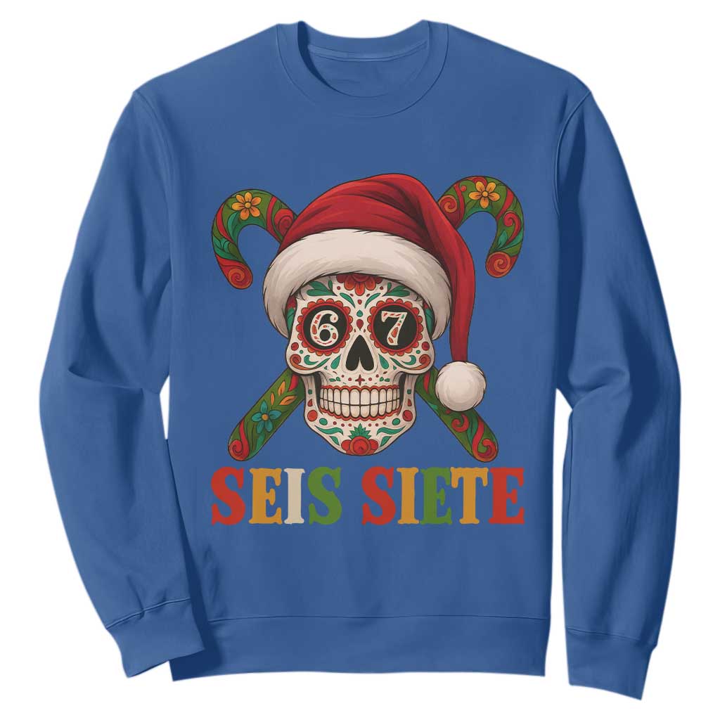 Seis Siete Christmas Meme Sweatshirt Sugar Skull 67 Santa Hat Candy Canes TS02 Royal Blue Print Your Wear