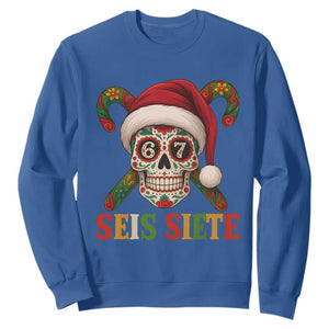 Seis Siete Christmas Meme Sweatshirt Sugar Skull 67 Santa Hat Candy Canes TS02 Royal Blue Print Your Wear
