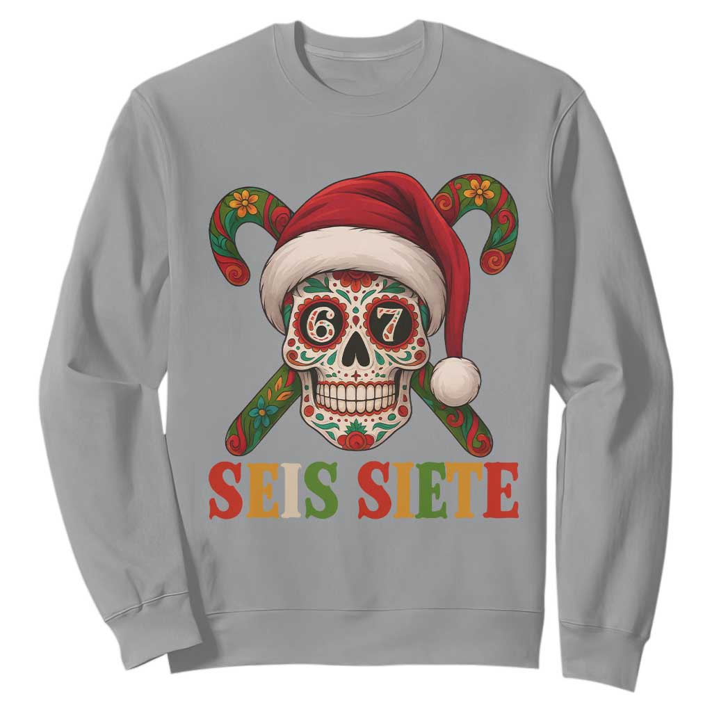 Seis Siete Christmas Meme Sweatshirt Sugar Skull 67 Santa Hat Candy Canes TS02 Sport Gray Print Your Wear