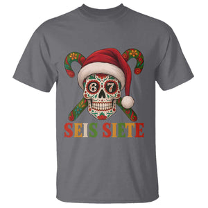 Seis Siete Christmas Meme T Shirt Sugar Skull 67 Santa Hat Candy Canes TS02 Charcoal Print Your Wear